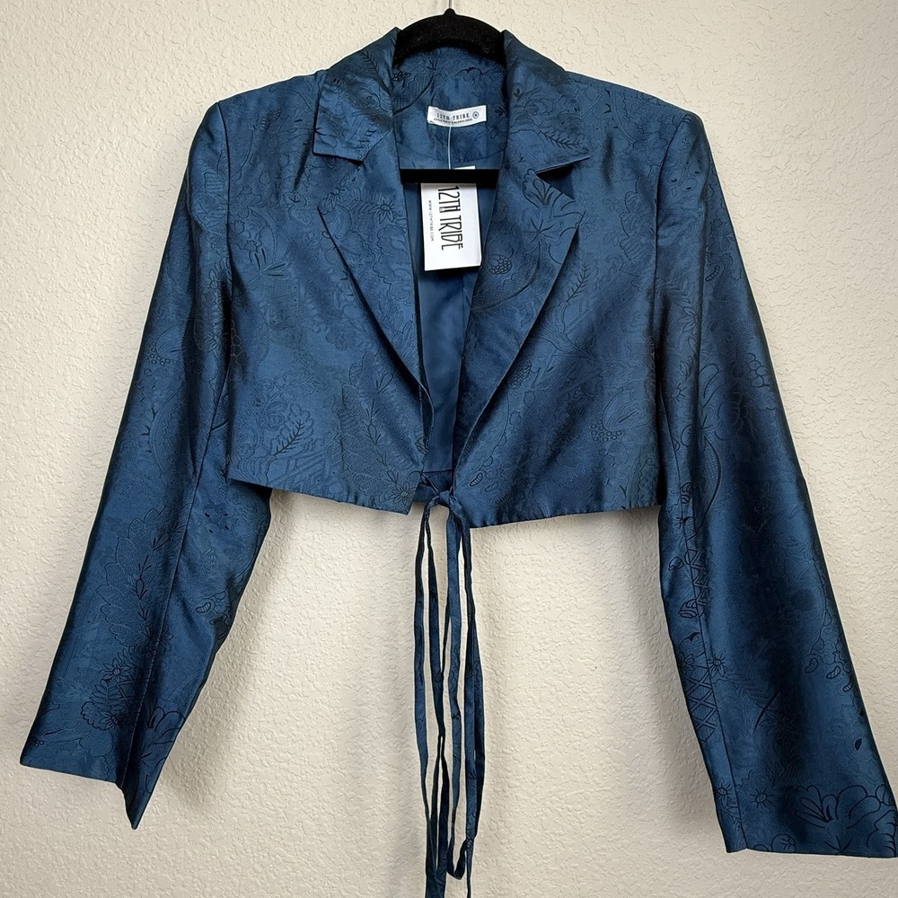 NWT 12th Tribe Charlotte Teal Jacquard Cropped Blazer Tie Front Jacket Sz M
